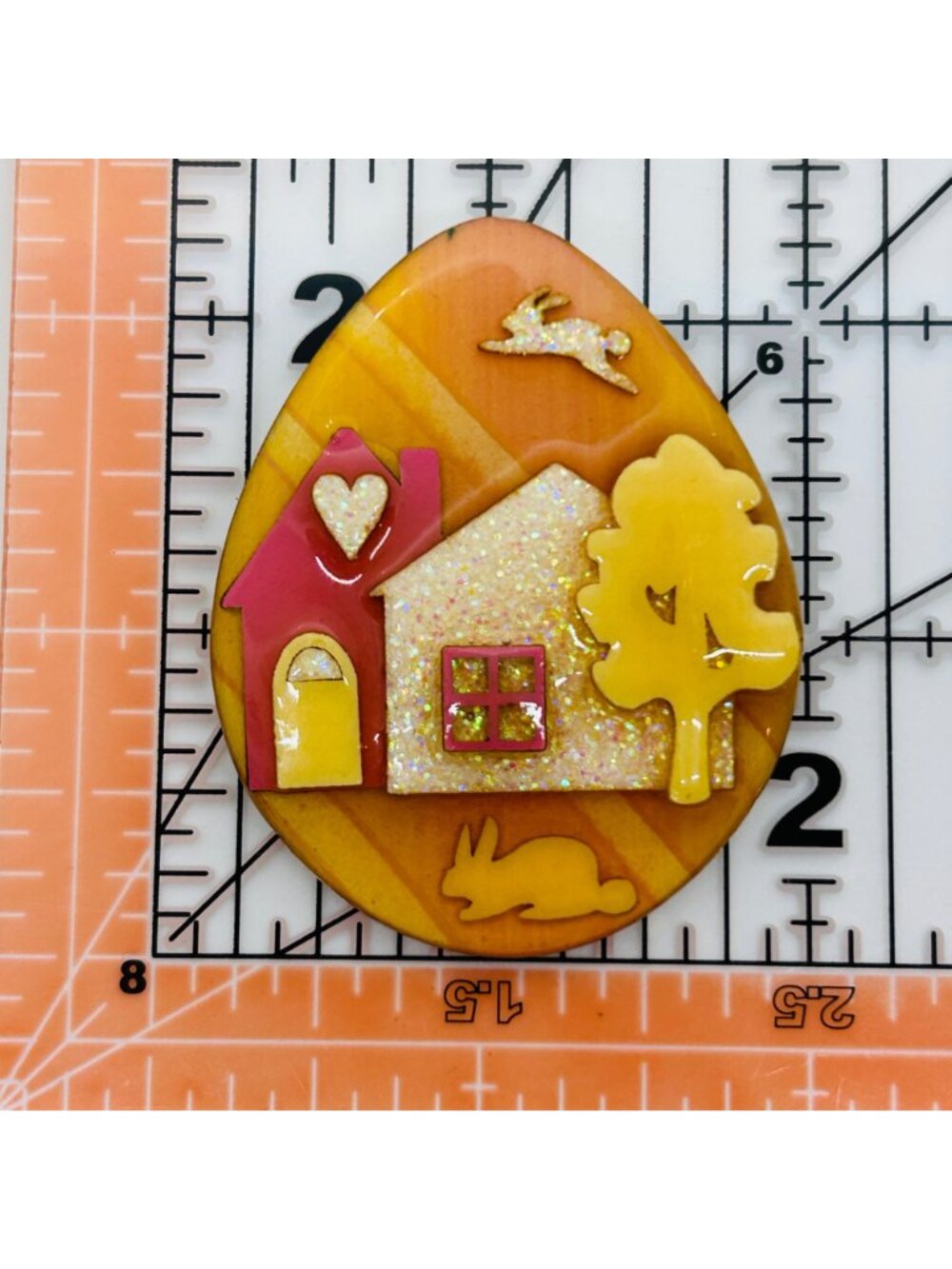 Vintage Lucinda Resin Easter Egg Brooch Pin Glitter House Bunny Rabbit Keepsake - Picture 9 of 13